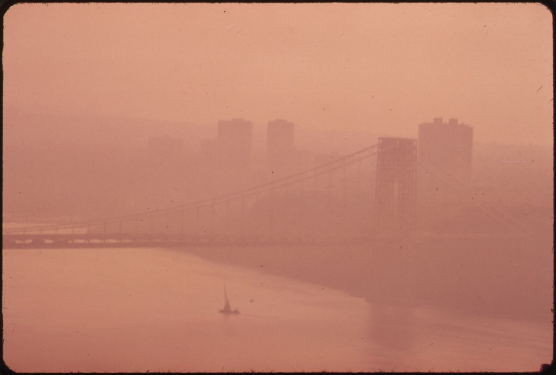 The George Washington Bridge in heavy smog, with a view toward New Jersey, 1973