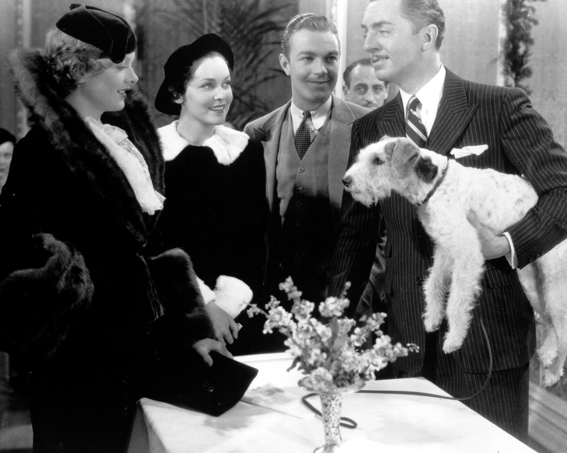 Myrna Loy, Maureen O’Sullivan, Henry Wadsworth, William Powell, and Skippy the dog in The Thin Man