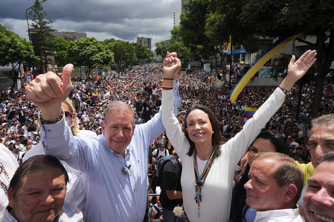 Venezuelan presidential candidate Edmundo González and opposition leader María Corina Machado at a demonstration against the official election results