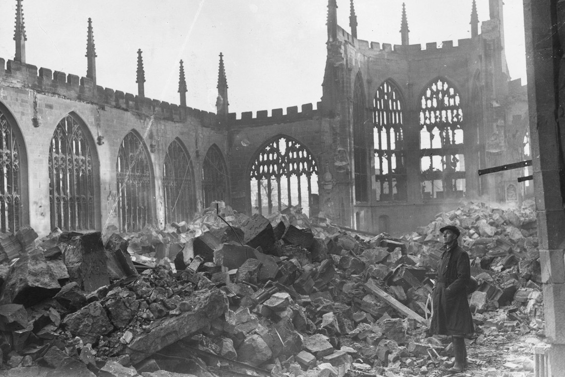 Coventry Cathedral after a German air raid, 1940