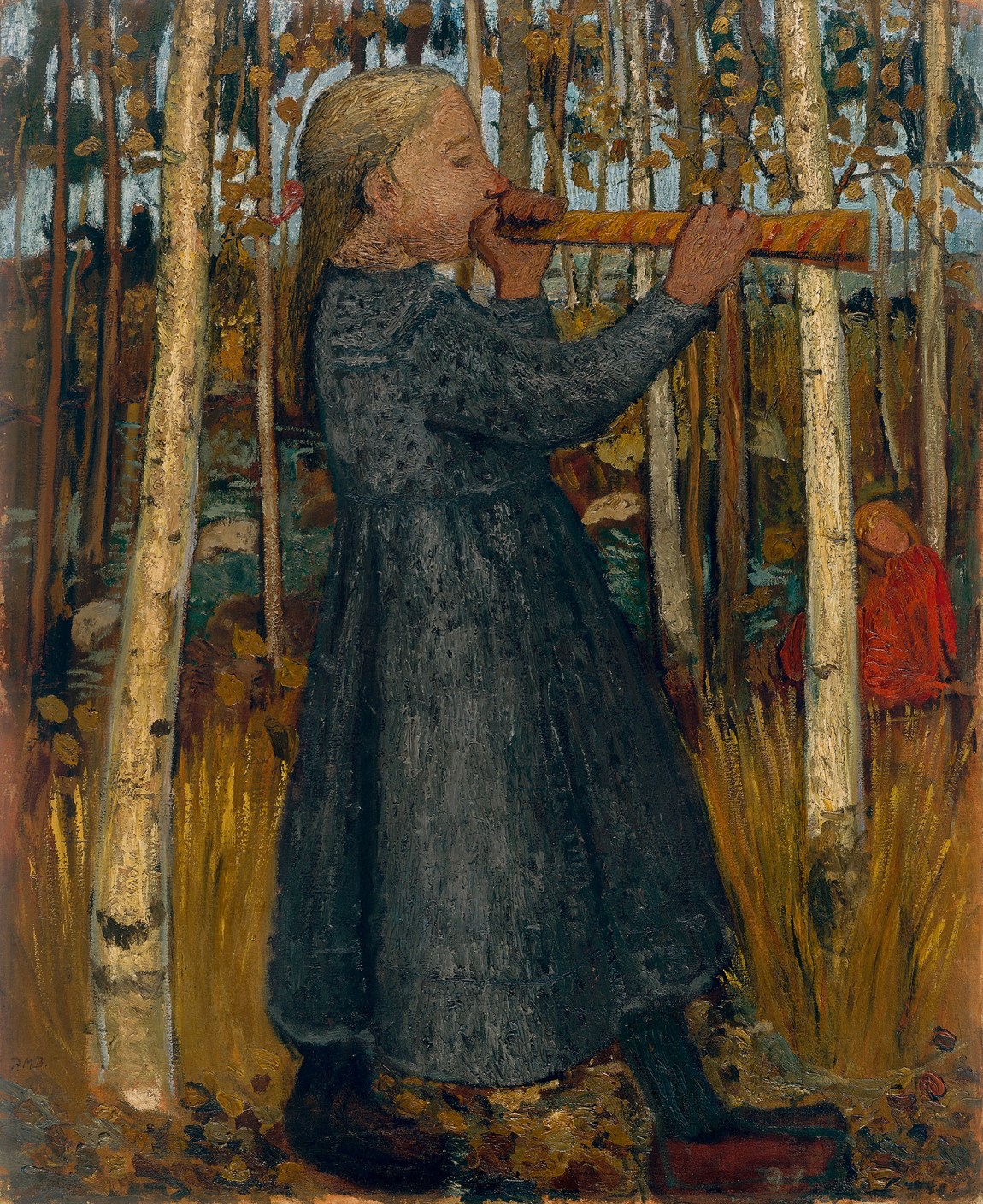 Girl Blowing a Flute in the Birch Forest; painting by Paula Modersohn-Becker