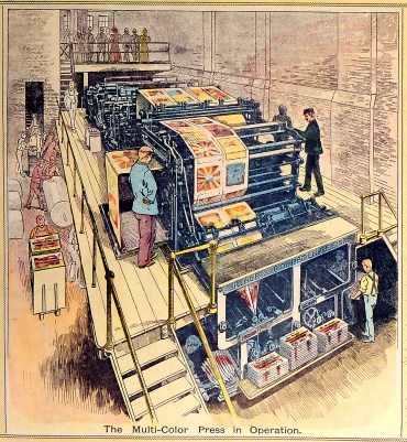 Copies of the New York World’s color supplement being printed on the newspaper’s new Hoe press