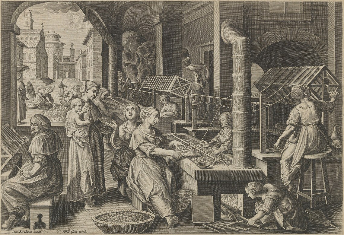 Women reeling silk; engraving by Karel van Mallery